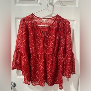 Lucky brand women’s sheer peasant style shirt, size M, red, floral, good cond